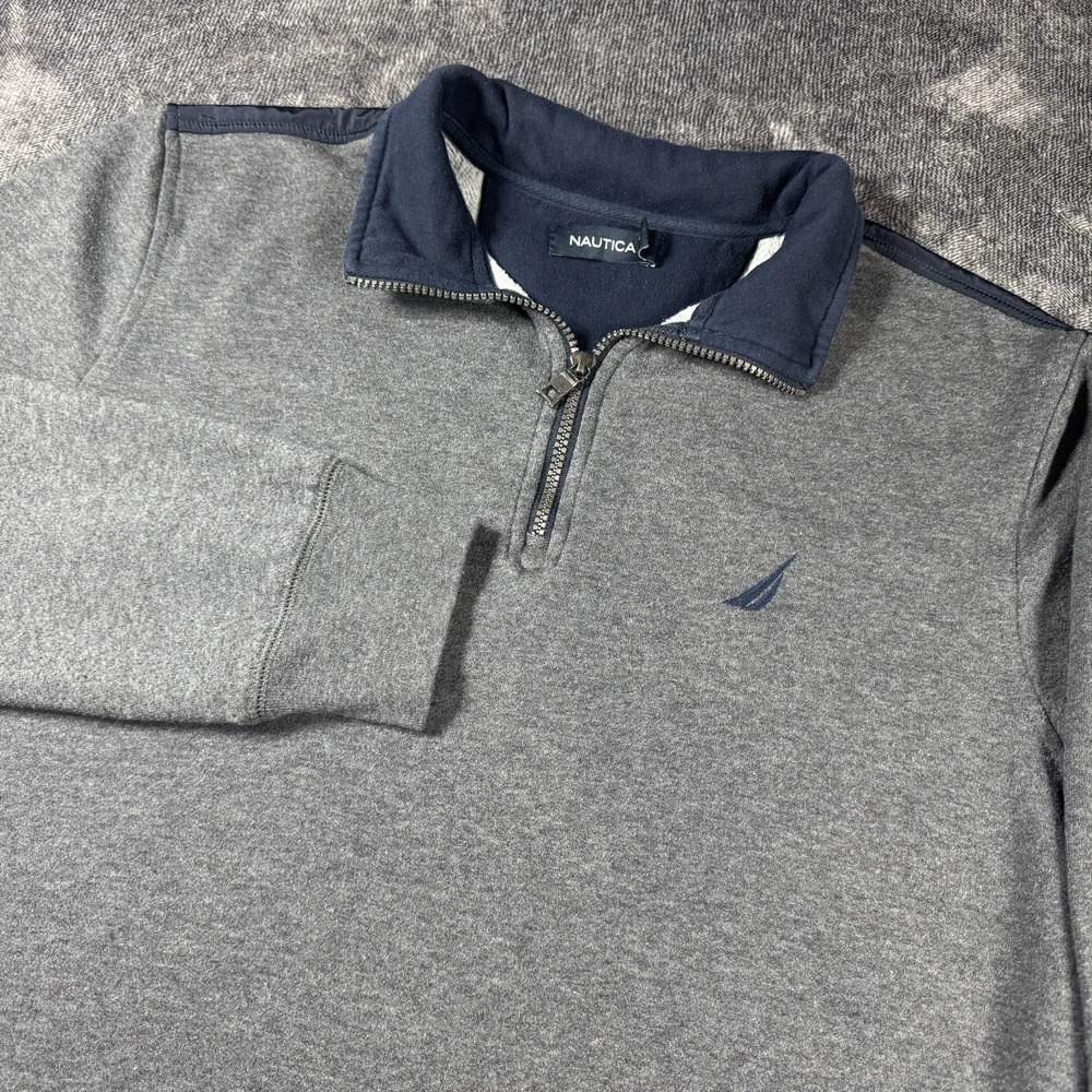 Nautica Sweatshirt Mens Large Gray Navy Quarter Zip Pullover Fleece Sail Logo